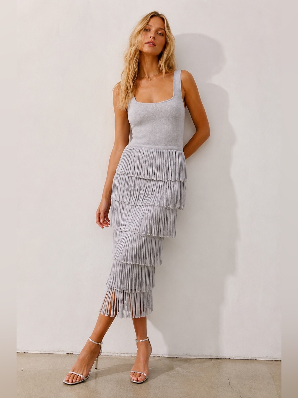 Anthropologie x Endless Rose Edgar Fringe Knit Dress, Silver, Size XS, NWOT